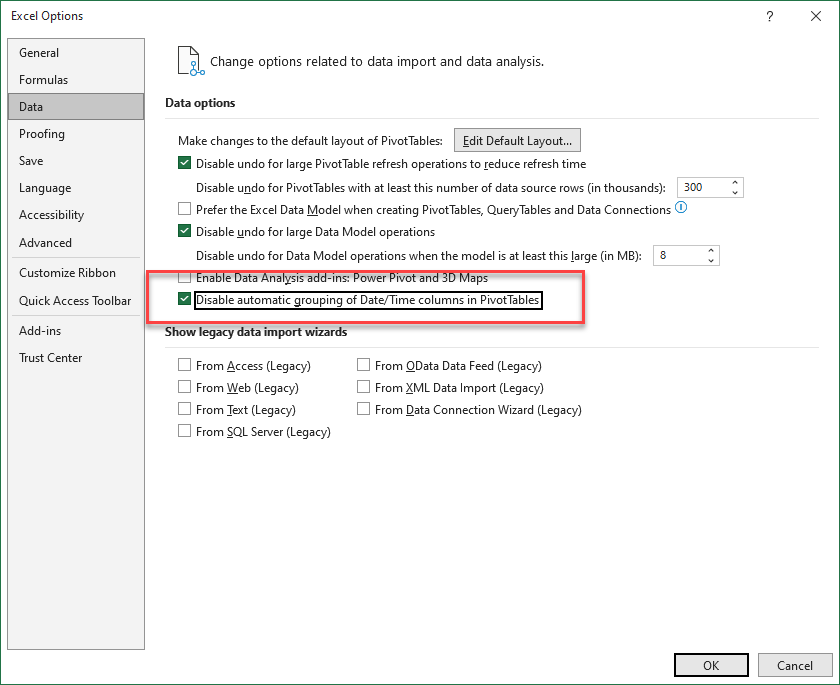 pivotdate data options