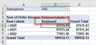 pivotfilter column filtered