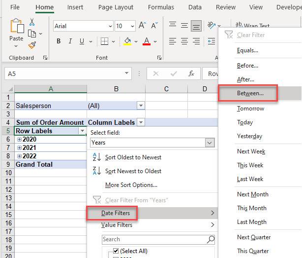 pivotfilter date between 