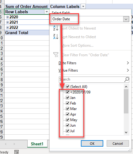 pivotfilter date months