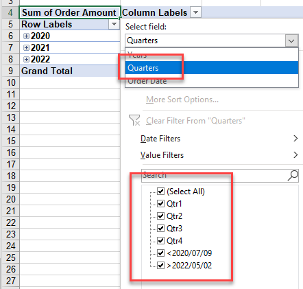 pivotfilter date select quarter