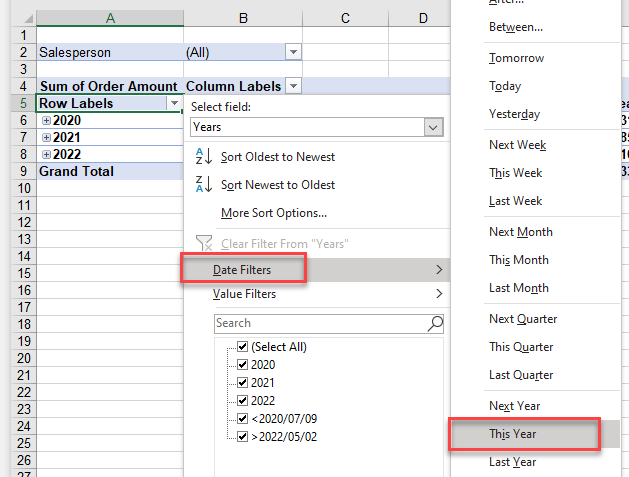 pivotfilter date select this year