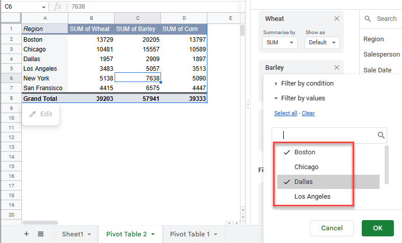 pivot filter gs select values