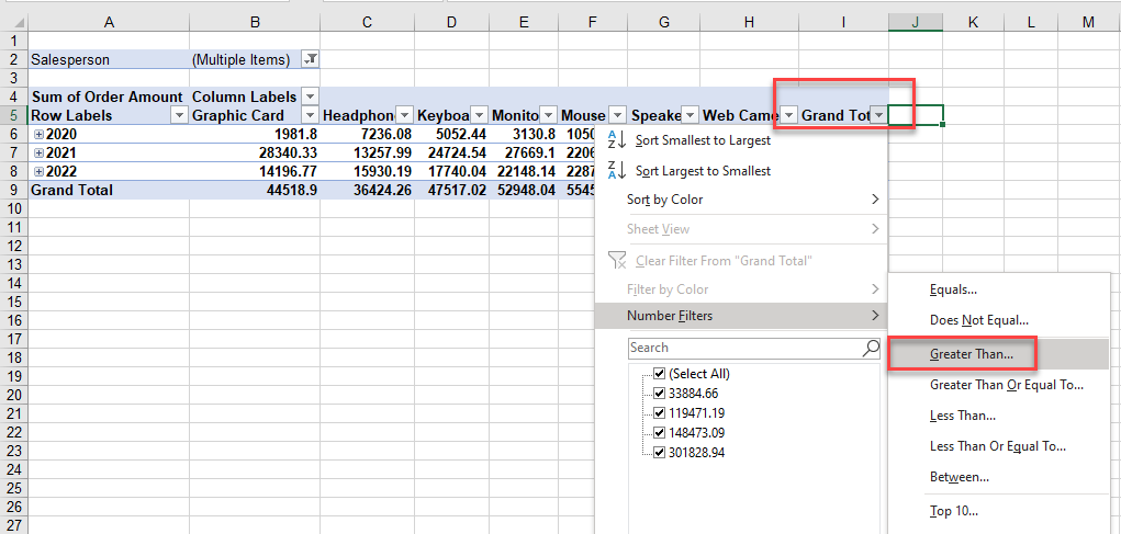 pivotfilter values