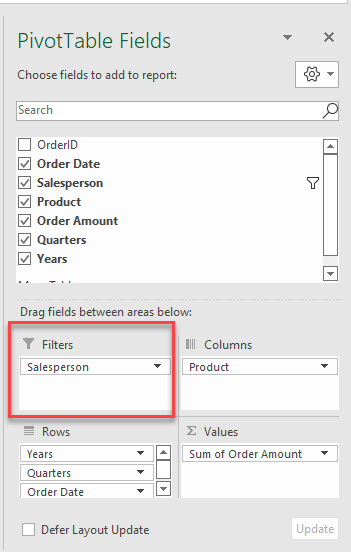 pivottable filters area