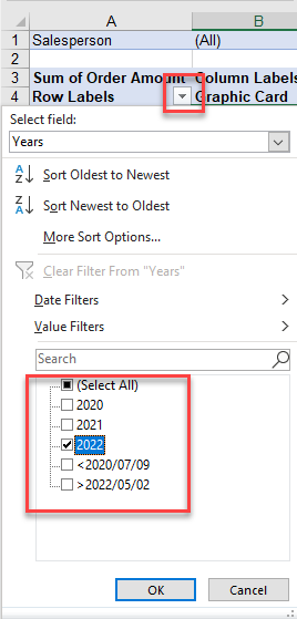 pivotfilter row filter