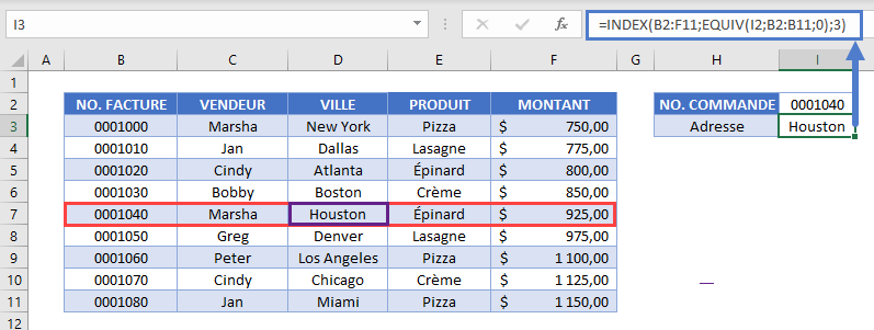 recherche adresse cellule fonction index