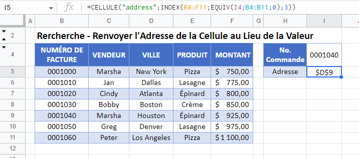 recherche adresse cellule google sheets