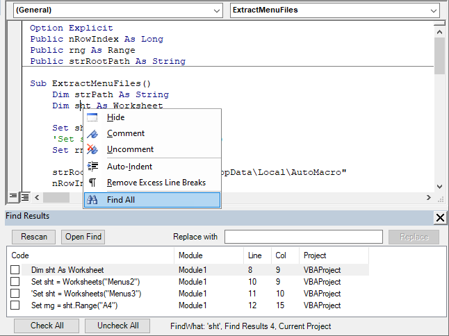 vba editor find all