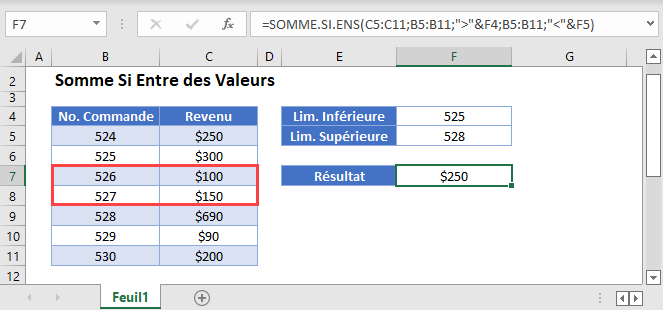 somme si entre valeurs fonction principale