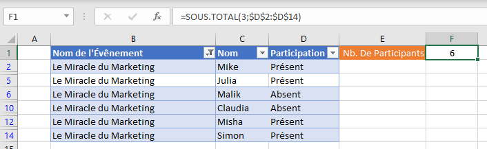 sous total si fonction soustotal lignes filtrees