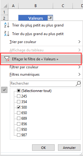 trouver nombre dans colonne dialogue effacer filtre valeurs