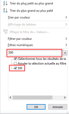 trouver nombre dans colonne dialogue filtre barre recherche