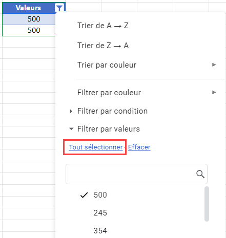 trouver nombre dans colonne effacer filtre google sheets