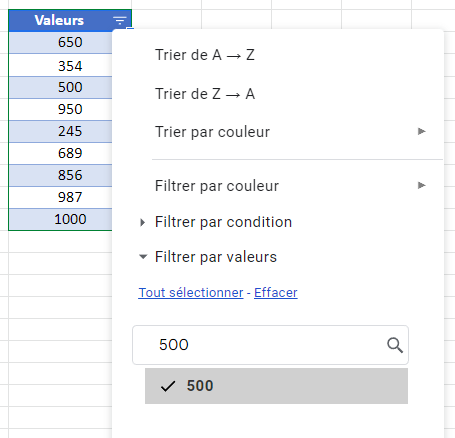 trouver nombre dans colonne filtre 500 barre recherche google sheets