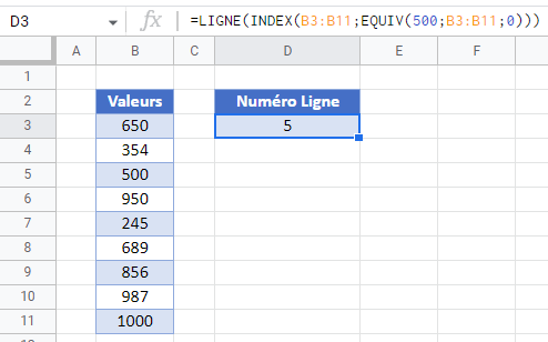 trouver nombre dans colonne fonction ligne equiv index google sheets