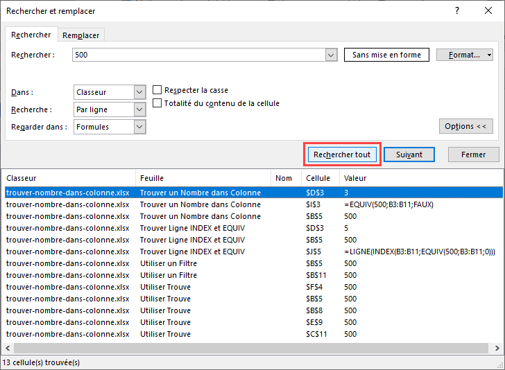 trouver nombre dans colonne fonction rechercher valeur 500 tout classeur options