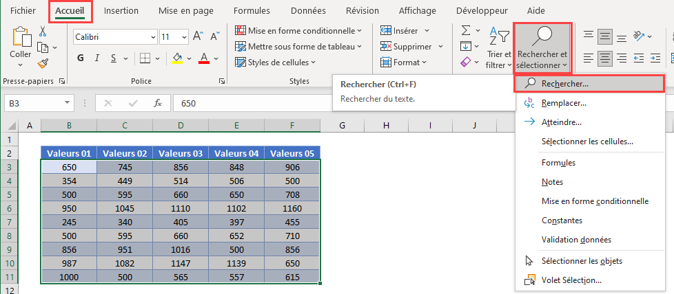 trouver nombre dans colonne ruban rechercher selectionner fonction rechercher