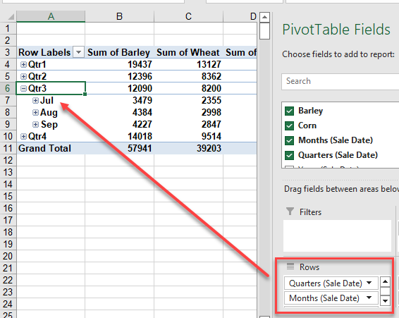 advancedpivot dates month quarter