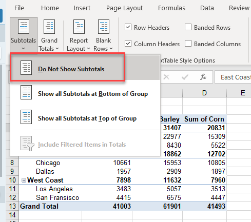 advancedpivot ribbon donotshow subtotals