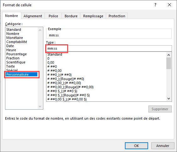 dialogue format cellule nombre personnalisé mmss