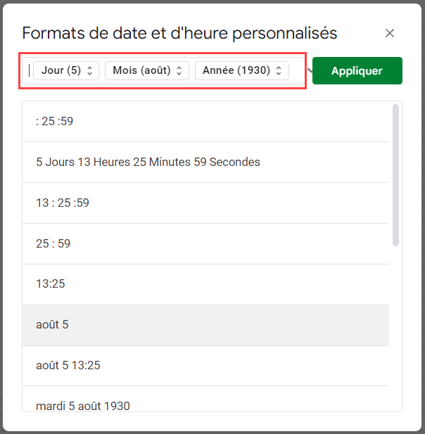 dialogue format date heure google sheets