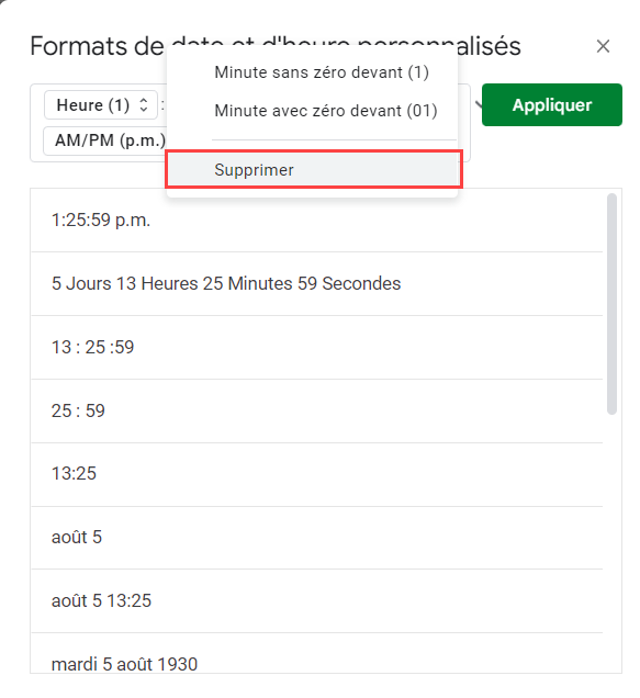 dialogue format nombre date heure personnalisées google sheets 1