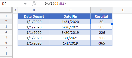 jours entre dates google sheets