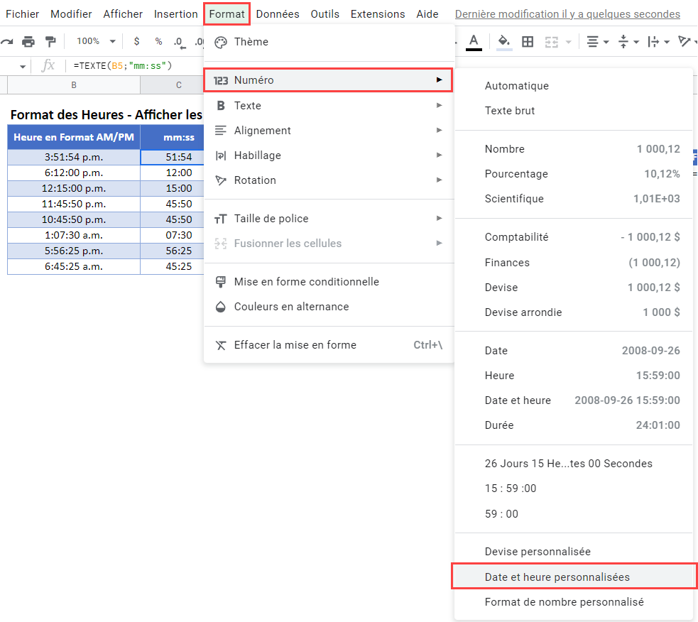 menu format nombre date heure personnalisées google sheets