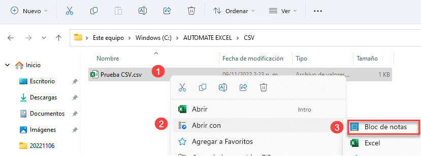 Abrir CSV con Bloc de Notas