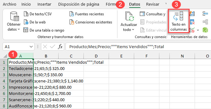 Botón Texto en Columnas en Excel