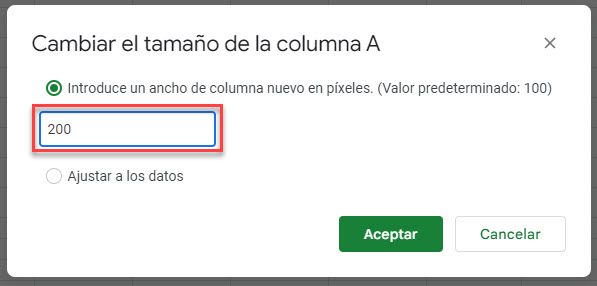 Cambiar Tamaño de Columna Cuadro de Diálogo en Google Sheets