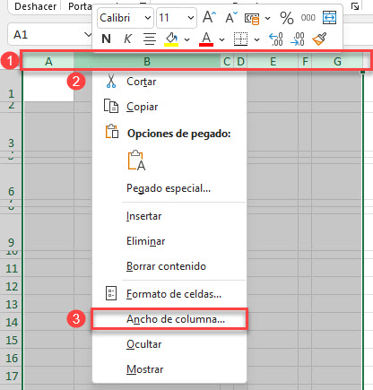 Clic Derecho en Selección de Columnas en Excel