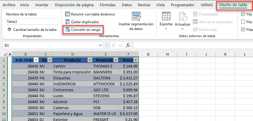 Convertir Tabla en Rango en Excel