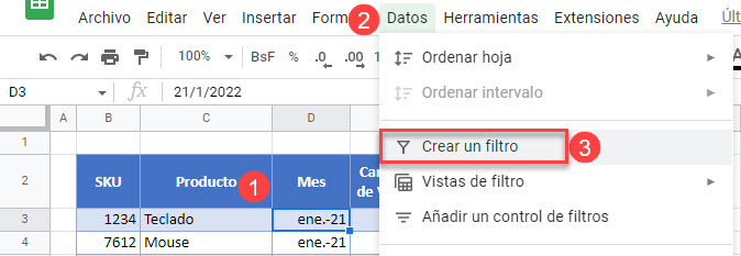 Crear Filtro en Google Sheets