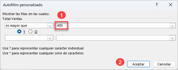 Cuadro de Diálogo Autofiltro Personalizado en Excel