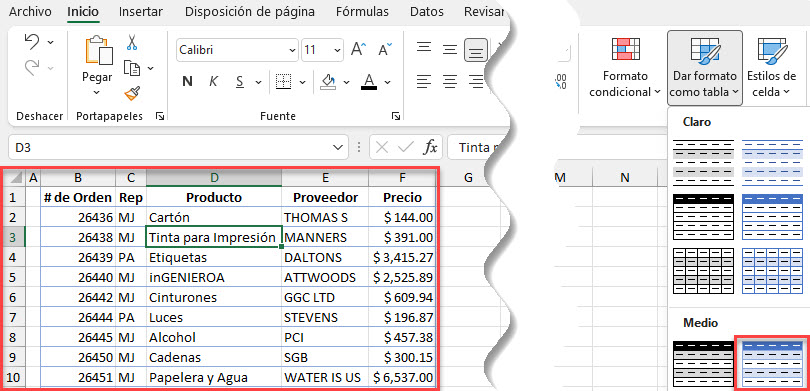 Dar Formato de Tabla en Excel
