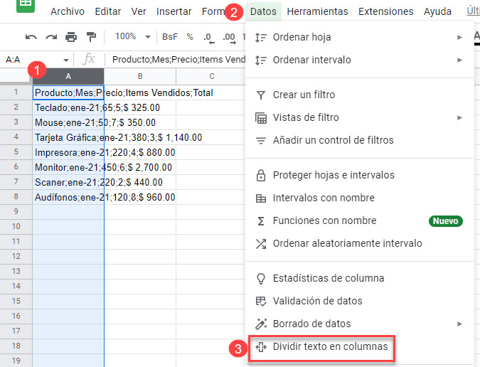 Dividir Texto en Columnas en Google Sheets