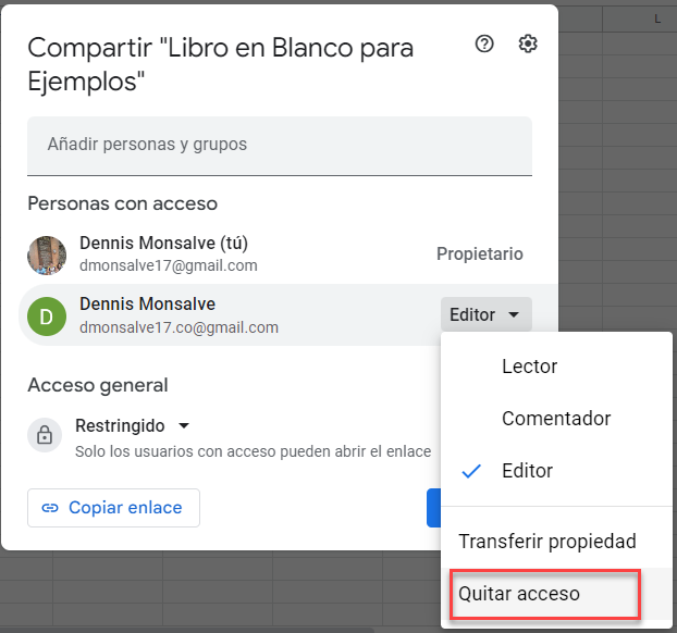 Eliminar Acceso al Libro en Google Sheets