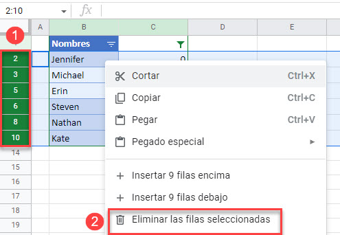 Eliminar Filas Seleccionadas en Google Sheets