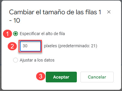 Especificar el tamaño de las filas en Google Sheets