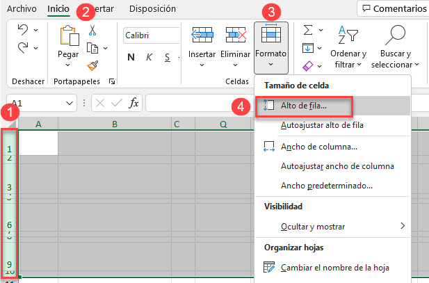Establecer Alto de la Fila Menú Opción de Formato en Excel