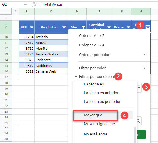 Filtar por Segunda Columna en Google Sheets