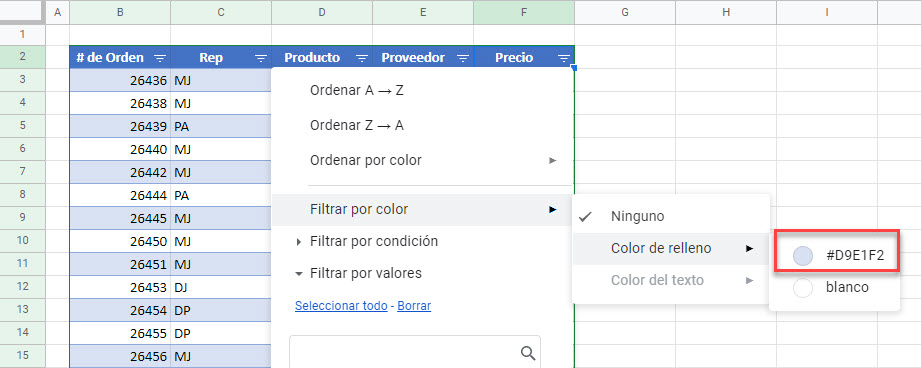 Filtrar por Color en Google Sheets