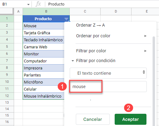 Filtro por Condición El Texto Contiene en Google Sheets