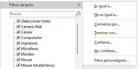 Filtros de Texto en Excel