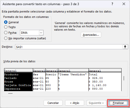 Finalizar Asistente para Convertir Texto en Columnas