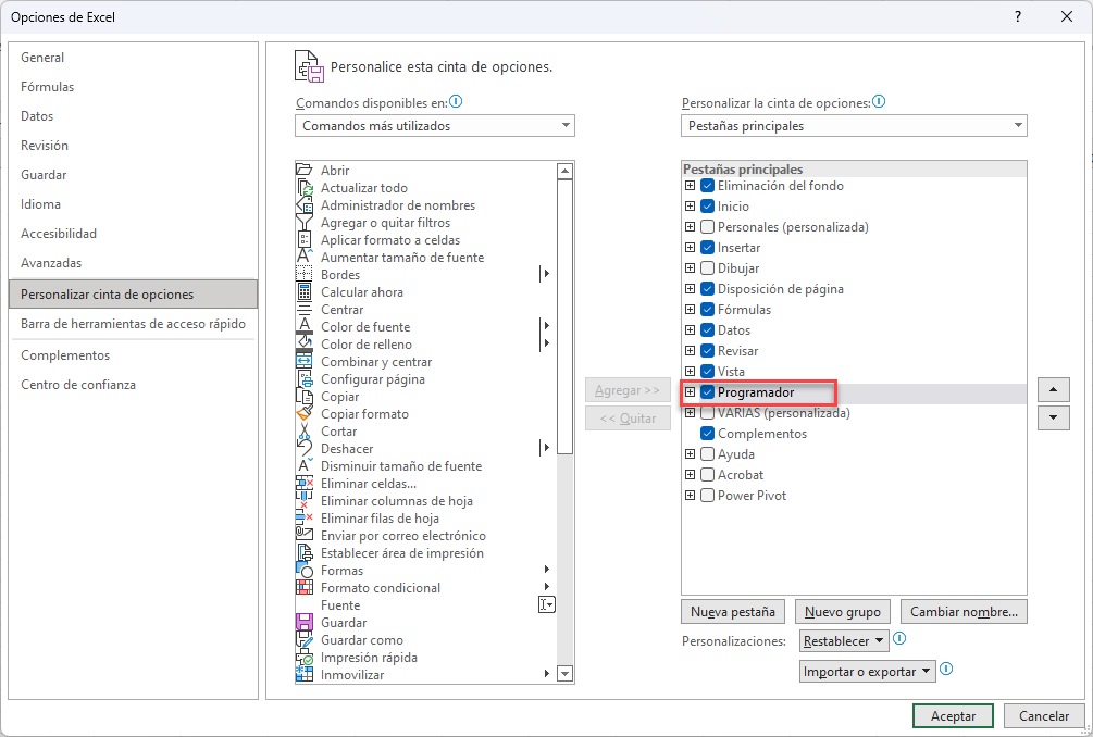 Habilitar Tab de Programador en Excel