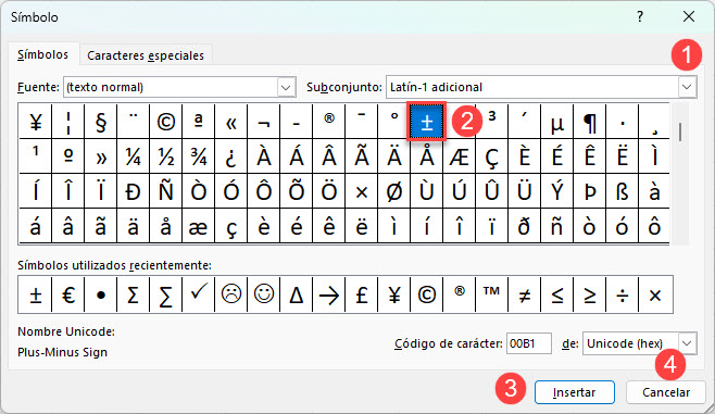 Insertar el Signo Más o Menos en Excel
