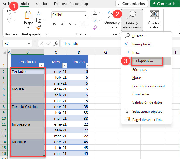 Ir a Especial Ejemplo Filtrar Celdas Combinadas